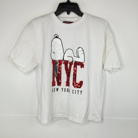 ZARA Snoopy NYC Graphic Sequin T-Shirt – Women’s White US M - Picture 1 of 7